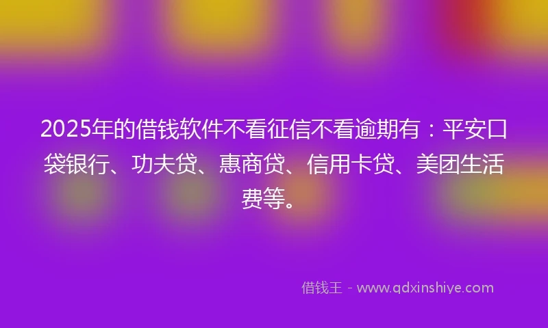 2025年的借钱软件不看征信不看逾期有：平安口袋银行、功夫贷、惠商贷、信用卡贷、美团生活费等。