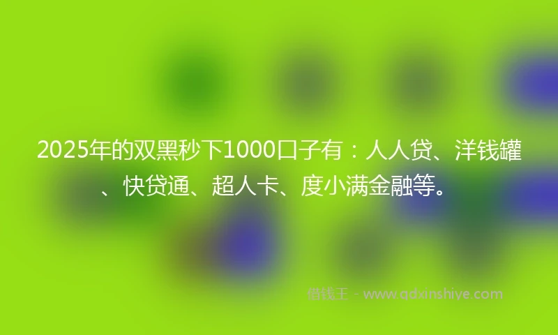 2025年的双黑秒下1000口子有：人人贷、洋钱罐、快贷通、超人卡、度小满金融等。
