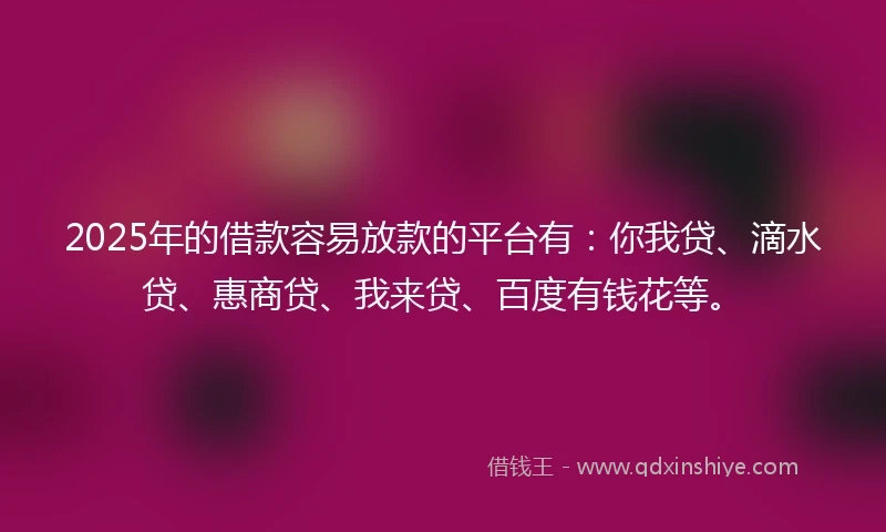 2025年的借款容易放款的平台有：你我贷、滴水贷、惠商贷、我来贷、百度有钱花等。