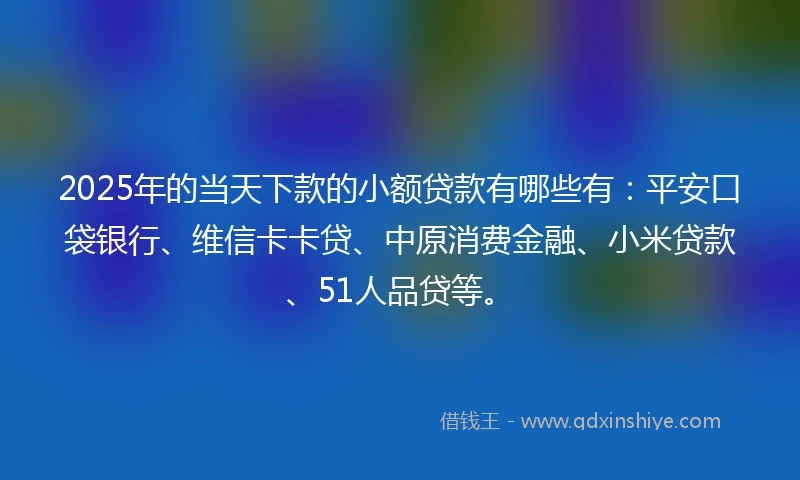 2025年的当天下款的小额贷款有哪些有：平安口袋银行、维信卡卡贷、中原消费金融、小米贷款、51人品贷等。