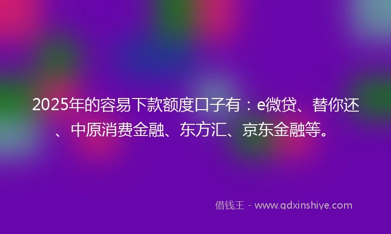 2025年的容易下款额度口子有：e微贷、替你还、中原消费金融、东方汇、京东金融等。