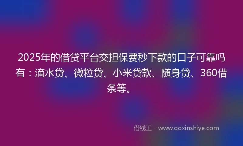 2025年的借贷平台交担保费秒下款的口子可靠吗有：滴水贷、微粒贷、小米贷款、随身贷、360借条等。