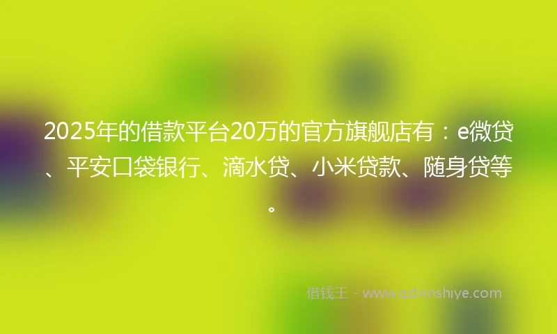 2025年的借款平台20万的官方旗舰店有：e微贷、平安口袋银行、滴水贷、小米贷款、随身贷等。