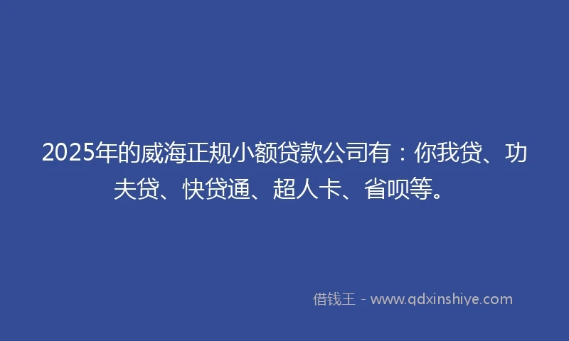 2025年的威海正规小额贷款公司有：你我贷、功夫贷、快贷通、超人卡、省呗等。
