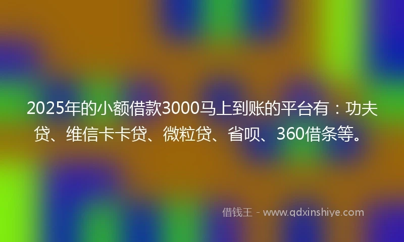 2025年的小额借款3000马上到账的平台有：功夫贷、维信卡卡贷、微粒贷、省呗、360借条等。