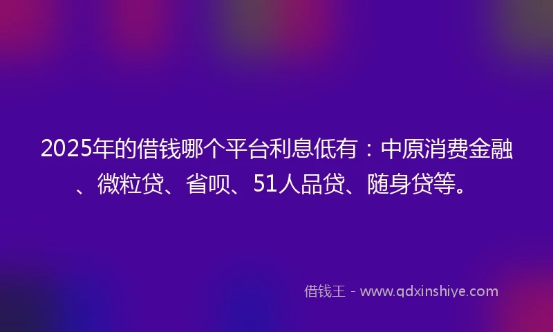 2025年的借钱哪个平台利息低有：中原消费金融、微粒贷、省呗、51人品贷、随身贷等。