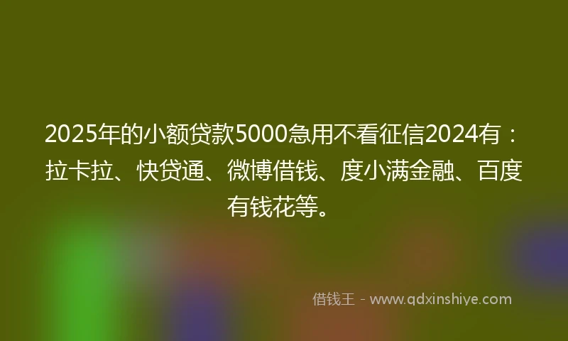 2025年的小额贷款5000急用不看征信2024有：拉卡拉、快贷通、微博借钱、度小满金融、百度有钱花等。