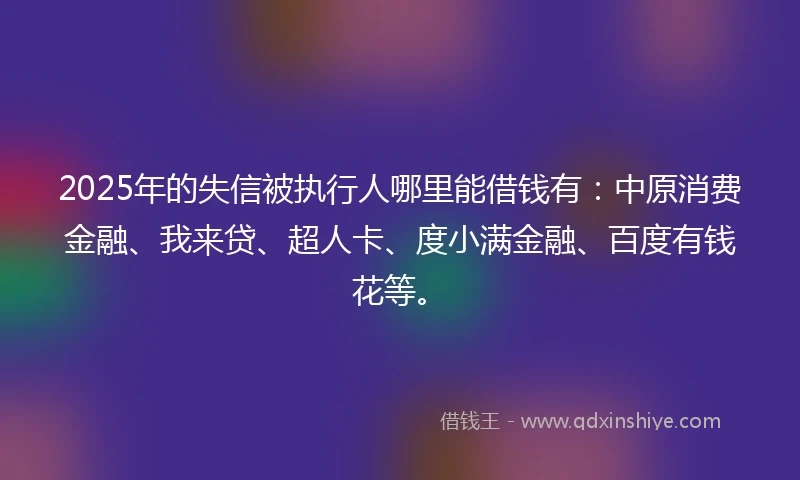 2025年的失信被执行人哪里能借钱有：中原消费金融、我来贷、超人卡、度小满金融、百度有钱花等。