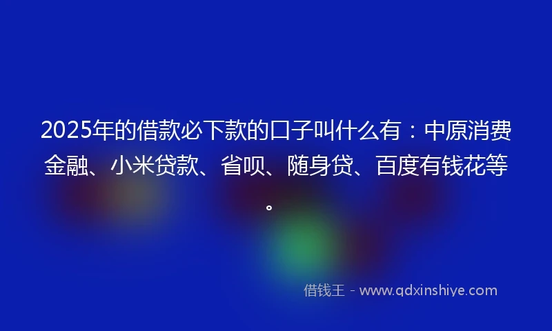 2025年的借款必下款的口子叫什么有：中原消费金融、小米贷款、省呗、随身贷、百度有钱花等。