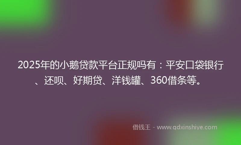 2025年的小鹅贷款平台正规吗有：平安口袋银行、还呗、好期贷、洋钱罐、360借条等。