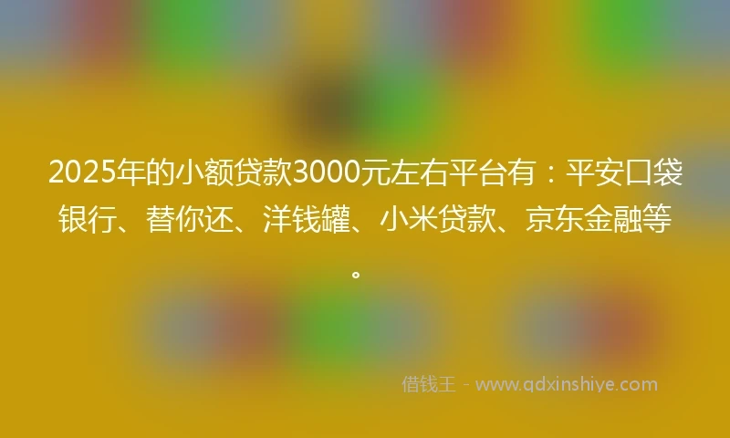 2025年的小额贷款3000元左右平台有：平安口袋银行、替你还、洋钱罐、小米贷款、京东金融等。