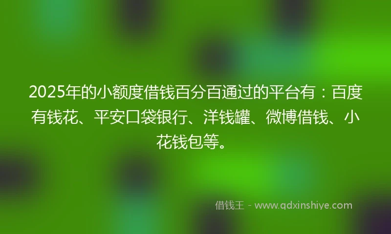 2025年的小额度借钱百分百通过的平台有：百度有钱花、平安口袋银行、洋钱罐、微博借钱、小花钱包等。