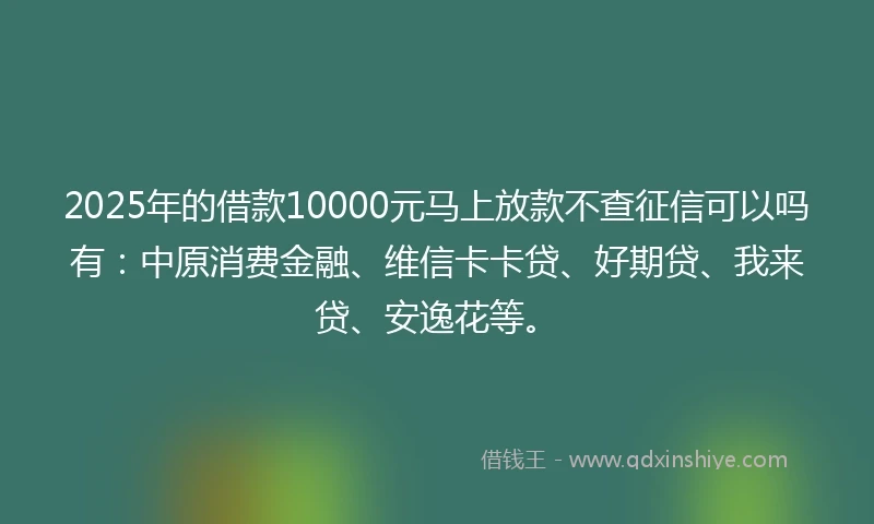 2025年的借款10000元马上放款不查征信可以吗有：中原消费金融、维信卡卡贷、好期贷、我来贷、安逸花等。