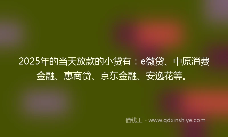 2025年的当天放款的小贷有：e微贷、中原消费金融、惠商贷、京东金融、安逸花等。