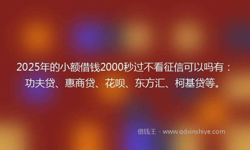 2025年的小额借钱2000秒过不看征信可以吗有：功夫贷、惠商贷、花呗、东方汇、柯基贷等。