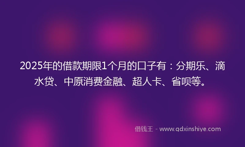 2025年的借款期限1个月的口子有：分期乐、滴水贷、中原消费金融、超人卡、省呗等。