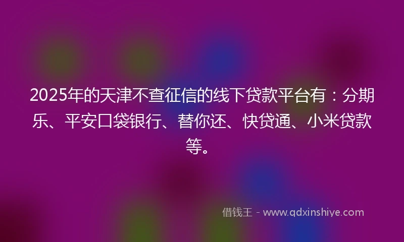 2025年的天津不查征信的线下贷款平台有：分期乐、平安口袋银行、替你还、快贷通、小米贷款等。