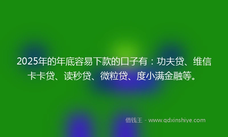 2025年的年底容易下款的口子有：功夫贷、维信卡卡贷、读秒贷、微粒贷、度小满金融等。