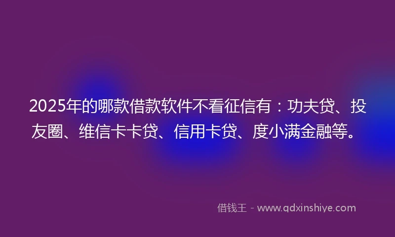 2025年的哪款借款软件不看征信有：功夫贷、投友圈、维信卡卡贷、信用卡贷、度小满金融等。