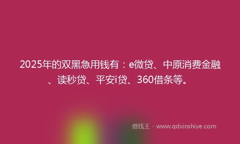 2025年的双黑急用钱有：e微贷、中原消费金融、读秒贷、平安i贷、360借条等。