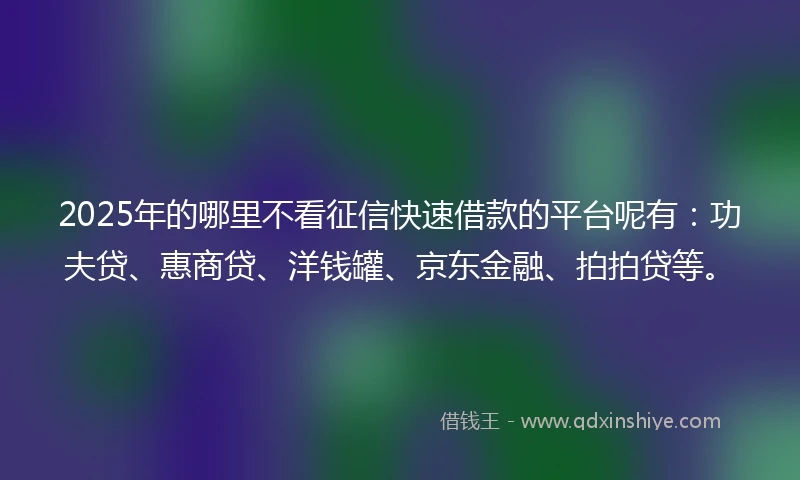 2025年的哪里不看征信快速借款的平台呢有：功夫贷、惠商贷、洋钱罐、京东金融、拍拍贷等。