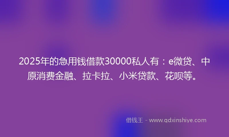 2025年的急用钱借款30000私人有：e微贷、中原消费金融、拉卡拉、小米贷款、花呗等。