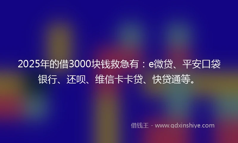 2025年的借3000块钱救急有：e微贷、平安口袋银行、还呗、维信卡卡贷、快贷通等。