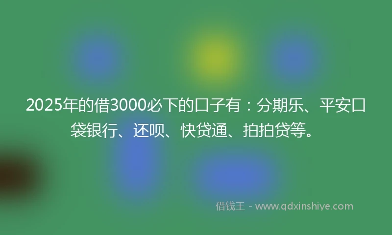 2025年的借3000必下的口子有：分期乐、平安口袋银行、还呗、快贷通、拍拍贷等。