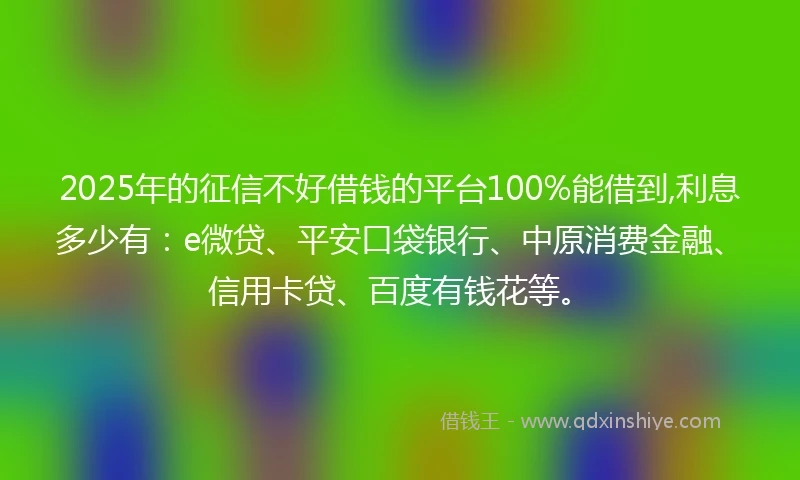 2025年的征信不好借钱的平台100%能借到,利息多少有：e微贷、平安口袋银行、中原消费金融、信用卡贷、百度有钱花等。
