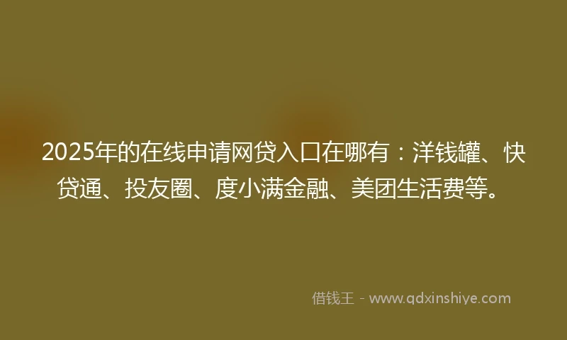 2025年的在线申请网贷入口在哪有：洋钱罐、快贷通、投友圈、度小满金融、美团生活费等。
