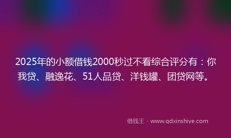 2025年的小额借钱2000秒过不看综合评分有：你我贷、融逸花、51人品贷、洋钱罐、团贷网等。