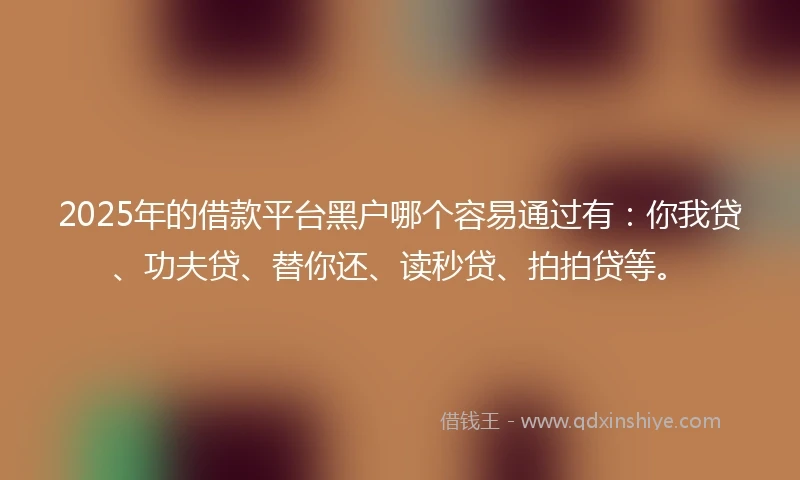 2025年的借款平台黑户哪个容易通过有：你我贷、功夫贷、替你还、读秒贷、拍拍贷等。
