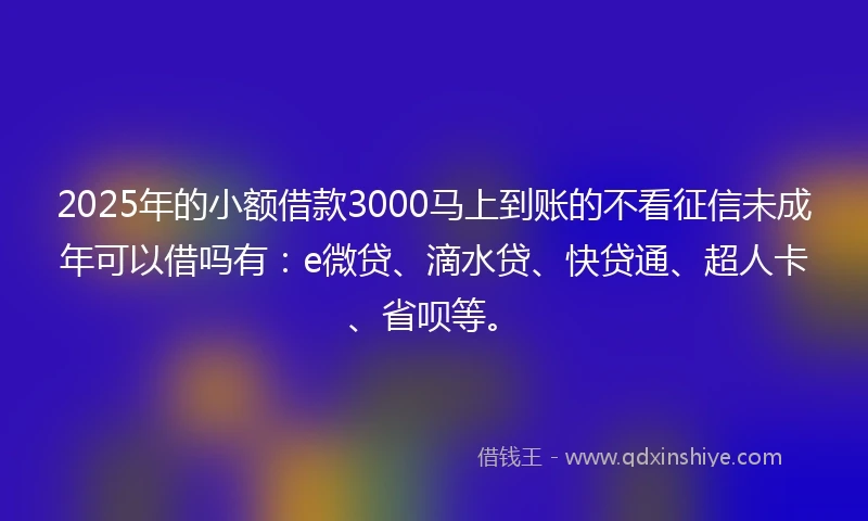 2025年的小额借款3000马上到账的不看征信未成年可以借吗有：e微贷、滴水贷、快贷通、超人卡、省呗等。