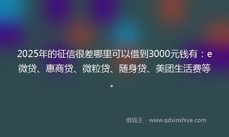 2025年的征信很差哪里可以借到3000元钱有：e微贷、惠商贷、微粒贷、随身贷、美团生活费等。