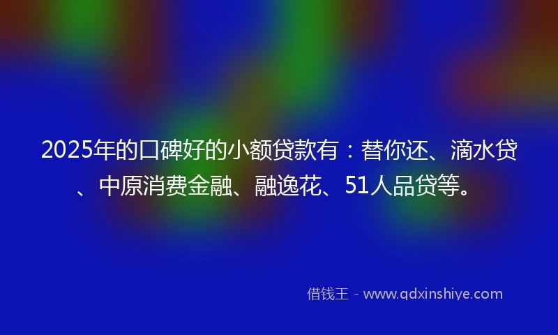2025年的口碑好的小额贷款有：替你还、滴水贷、中原消费金融、融逸花、51人品贷等。