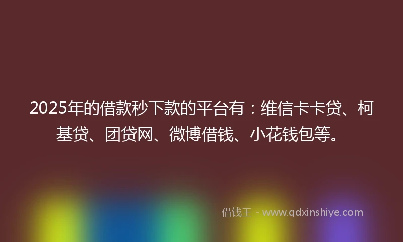 2025年的借款秒下款的平台有：维信卡卡贷、柯基贷、团贷网、微博借钱、小花钱包等。