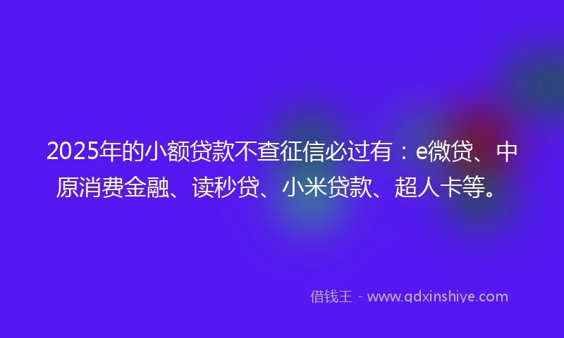 2025年的小额贷款不查征信必过有：e微贷、中原消费金融、读秒贷、小米贷款、超人卡等。