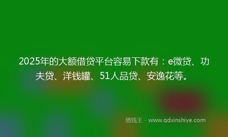 2025年的大额借贷平台容易下款有：e微贷、功夫贷、洋钱罐、51人品贷、安逸花等。