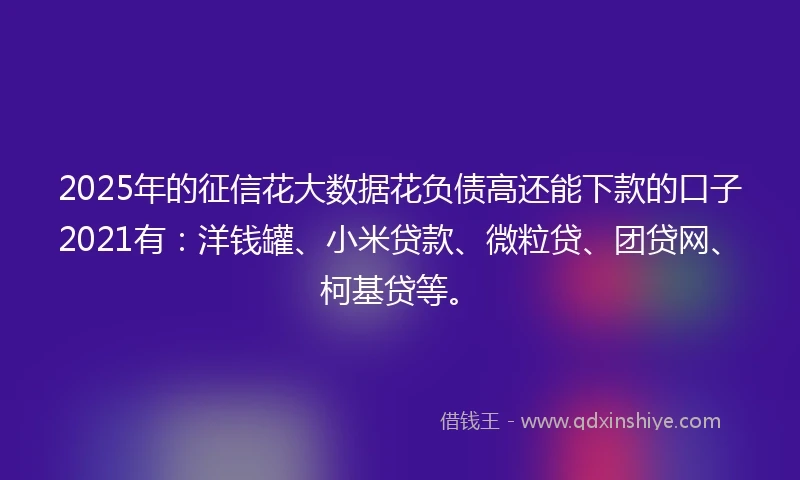 2025年的征信花大数据花负债高还能下款的口子2021有：洋钱罐、小米贷款、微粒贷、团贷网、柯基贷等。