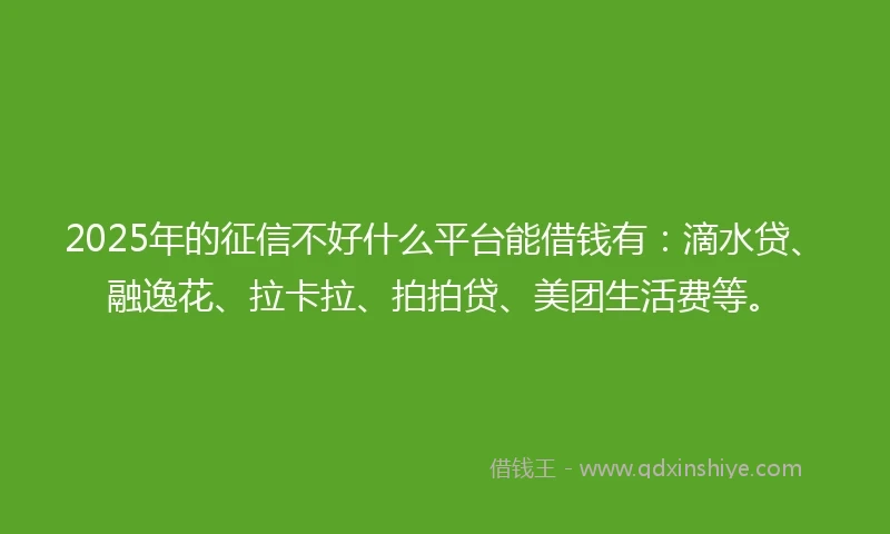 2025年的征信不好什么平台能借钱有：滴水贷、融逸花、拉卡拉、拍拍贷、美团生活费等。