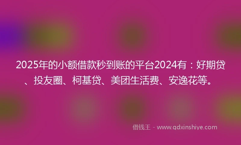 2025年的小额借款秒到账的平台2024有：好期贷、投友圈、柯基贷、美团生活费、安逸花等。