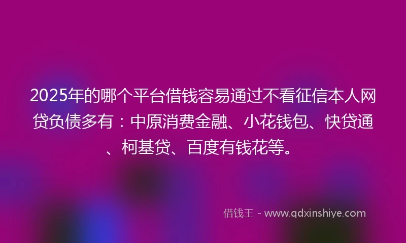2025年的哪个平台借钱容易通过不看征信本人网贷负债多有：中原消费金融、小花钱包、快贷通、柯基贷、百度有钱花等。