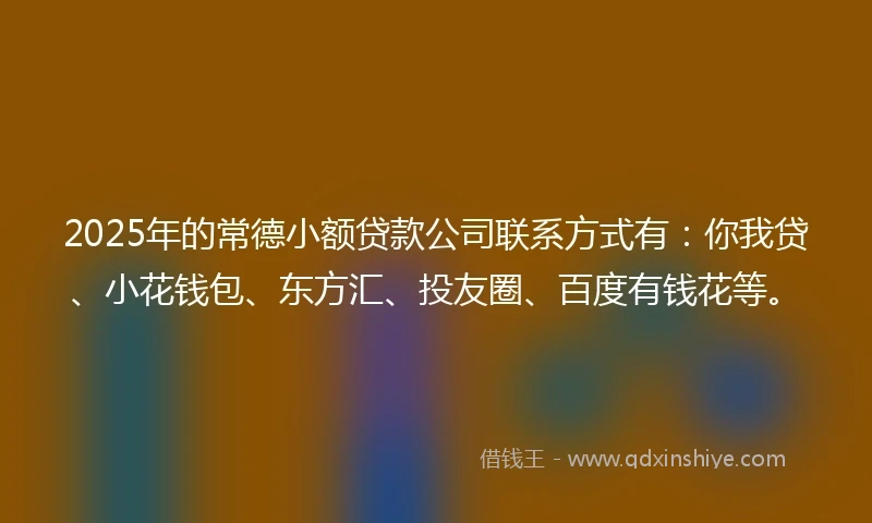 2025年的常德小额贷款公司联系方式有：你我贷、小花钱包、东方汇、投友圈、百度有钱花等。