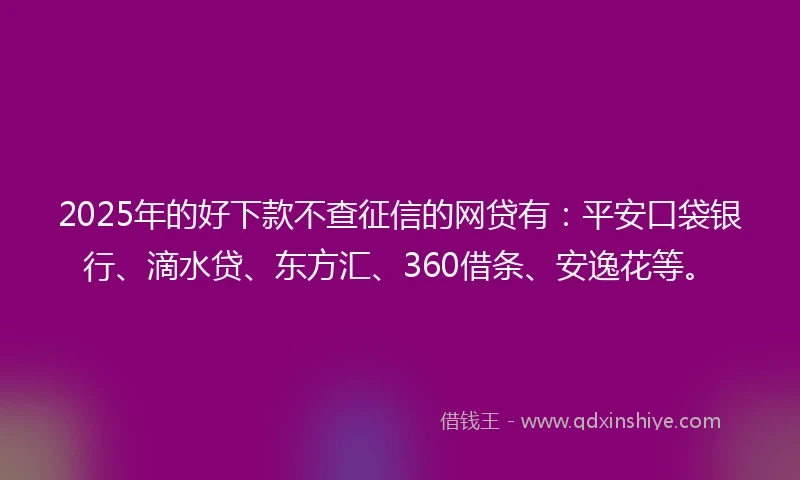 2025年的好下款不查征信的网贷有：平安口袋银行、滴水贷、东方汇、360借条、安逸花等。