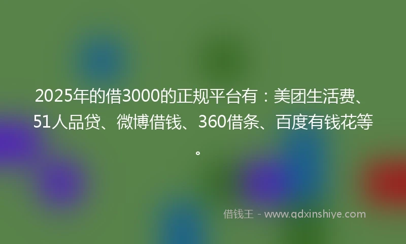 2025年的借3000的正规平台有：美团生活费、51人品贷、微博借钱、360借条、百度有钱花等。