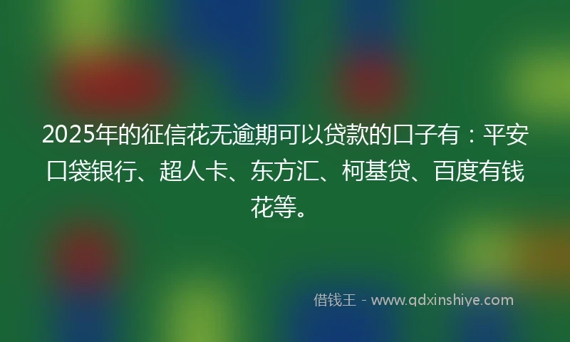 2025年的征信花无逾期可以贷款的口子有：平安口袋银行、超人卡、东方汇、柯基贷、百度有钱花等。