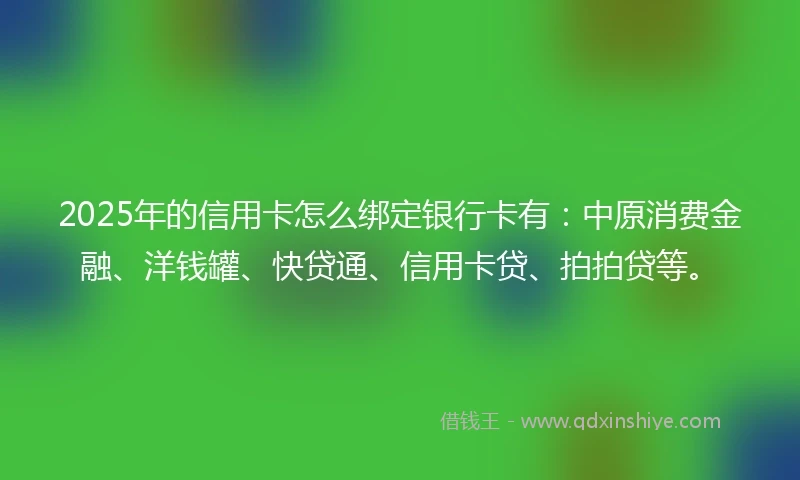 2025年的信用卡怎么绑定银行卡有：中原消费金融、洋钱罐、快贷通、信用卡贷、拍拍贷等。