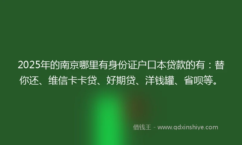 2025年的南京哪里有身份证户口本贷款的有：替你还、维信卡卡贷、好期贷、洋钱罐、省呗等。