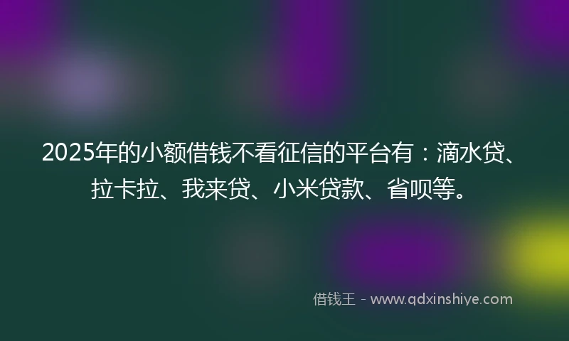 2025年的小额借钱不看征信的平台有：滴水贷、拉卡拉、我来贷、小米贷款、省呗等。