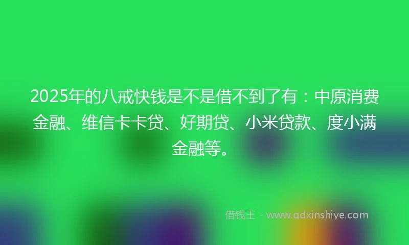 2025年的八戒快钱是不是借不到了有：中原消费金融、维信卡卡贷、好期贷、小米贷款、度小满金融等。